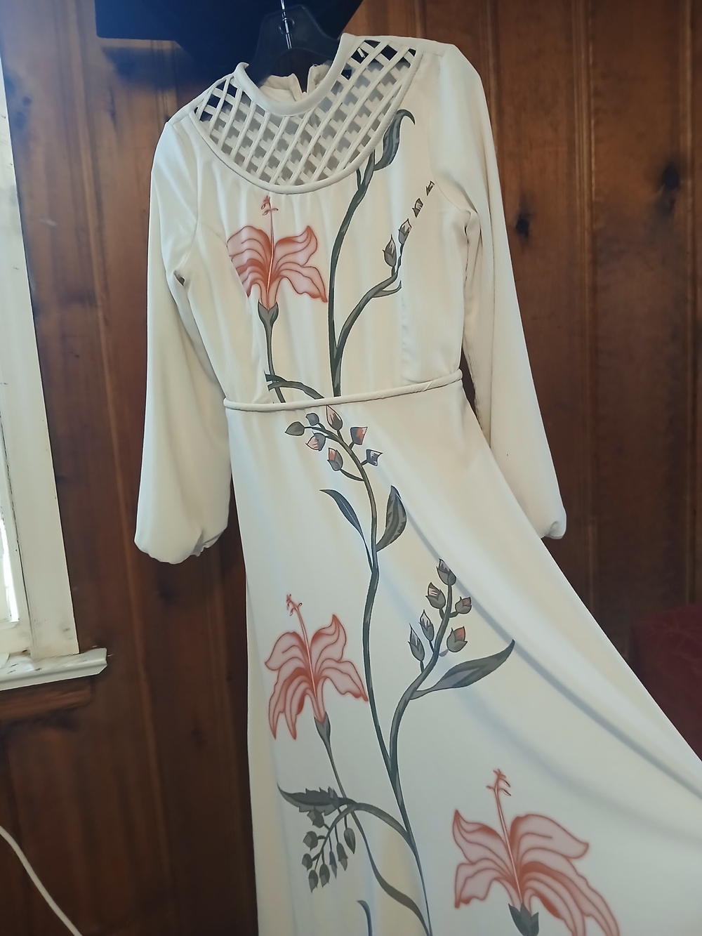 Ivory Long-Sleeve Maxi Dress with Pink Floral Print and Lattice Yoke